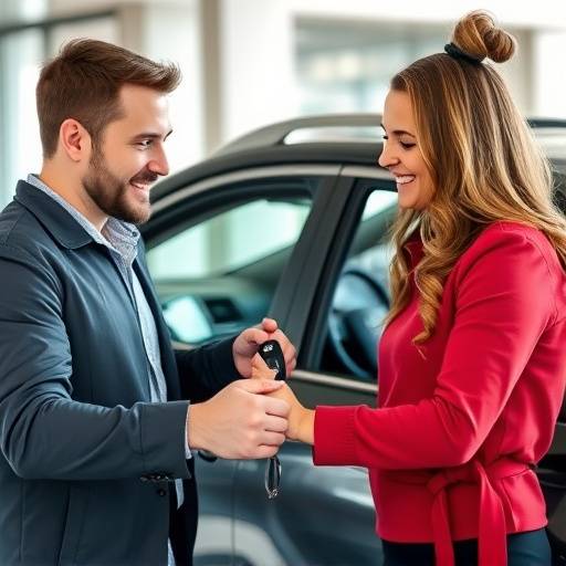 A smiling customer receiving the keys to their new car from an Auto Haven sales representative