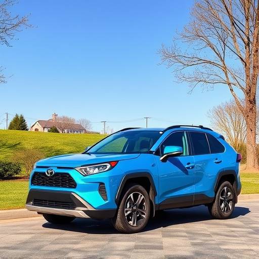 A vibrant blue 2022 Toyota RAV4 Hybrid on a sunny day in a park