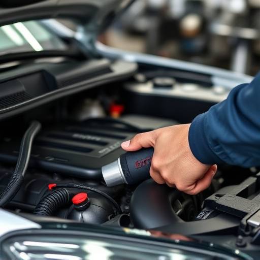 Auto technician diagnosing a car engine with diagnostic tool