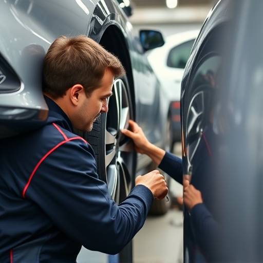 Car tires being aligned by a technician