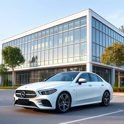 Elegant white 2023 Mercedes-Benz C-Class against a modern building backdrop