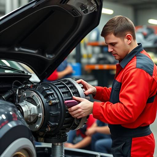 Technician working on car transmission